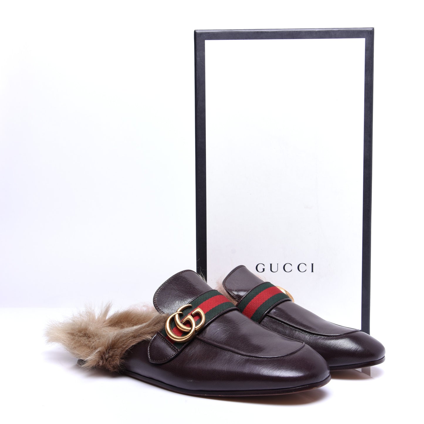 Goatskin Fur Web GG Mens Princetown Slippers 7.5 Cocoa