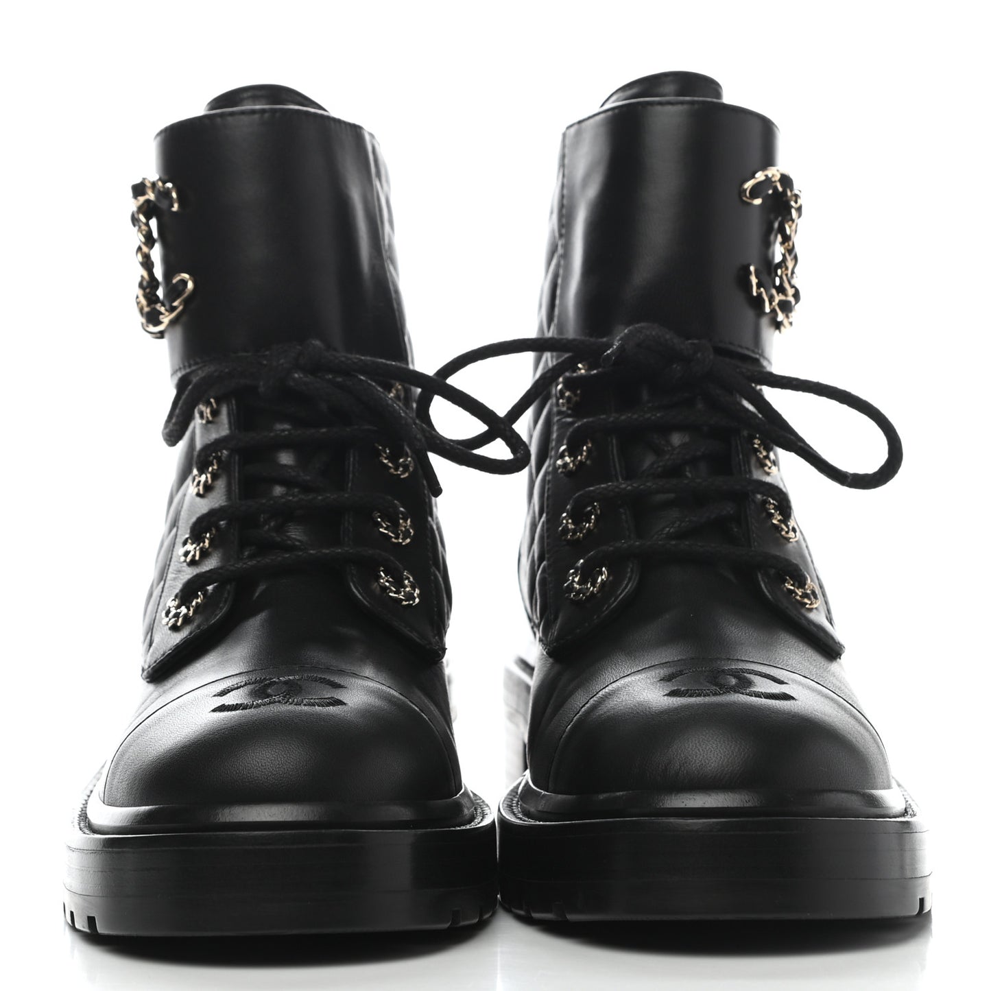 Shiny Lambskin Quilted Lace Up Combat Boots 38 Black