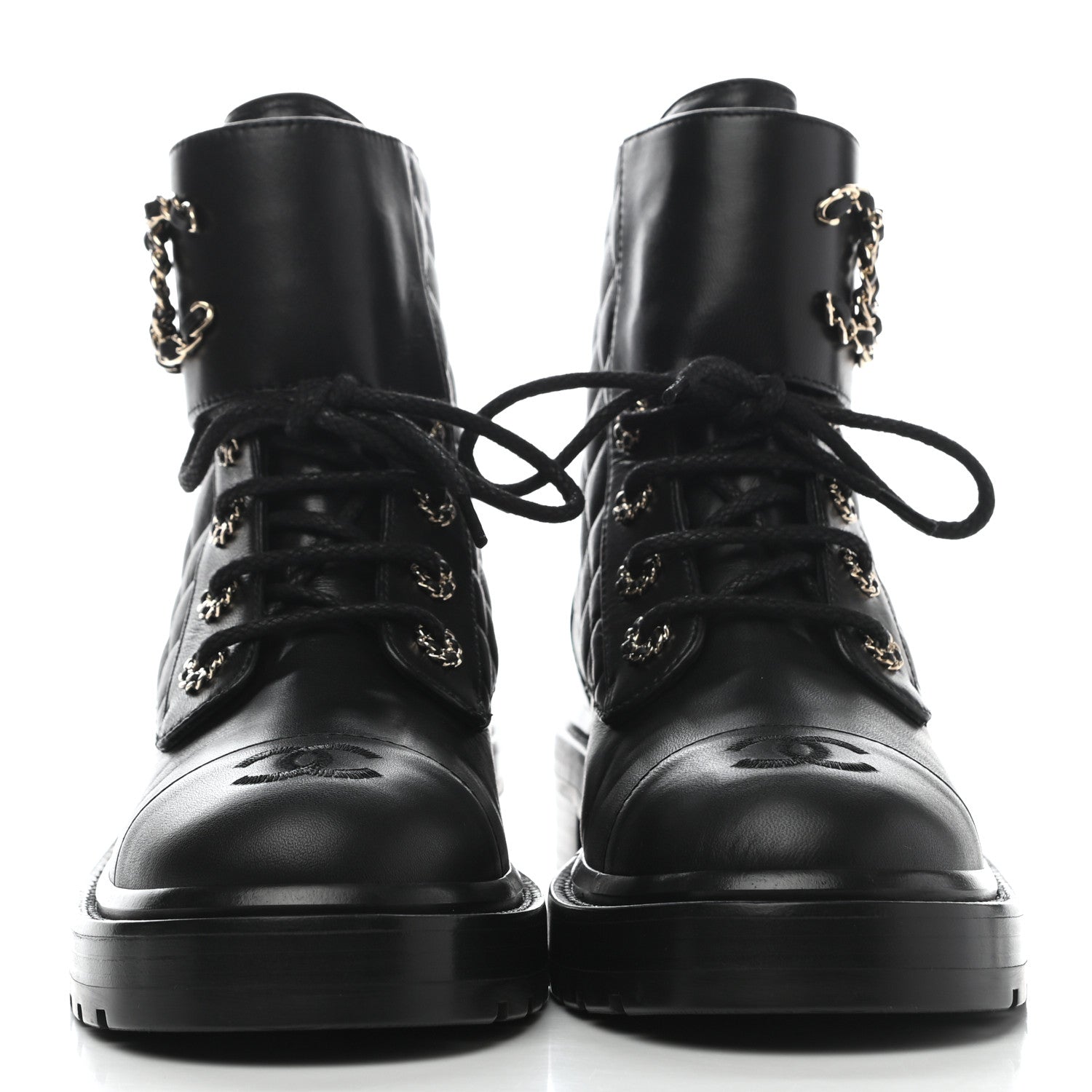 Chanel Shiny Lambskin Quilted Lace Up Combat Boots 38 Black 2 of 9
