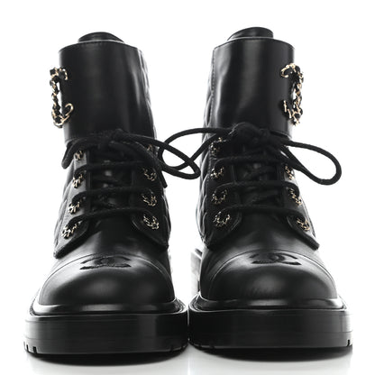 Chanel Shiny Lambskin Quilted Lace Up Combat Boots 38 Black 2 of 9