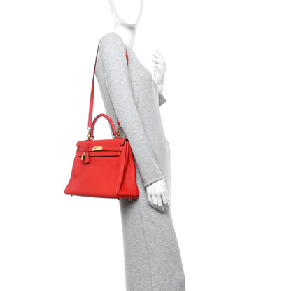 Hermes Taurillon Clemence Kelly Retourne 32 Rouge Tomate 2 of 14