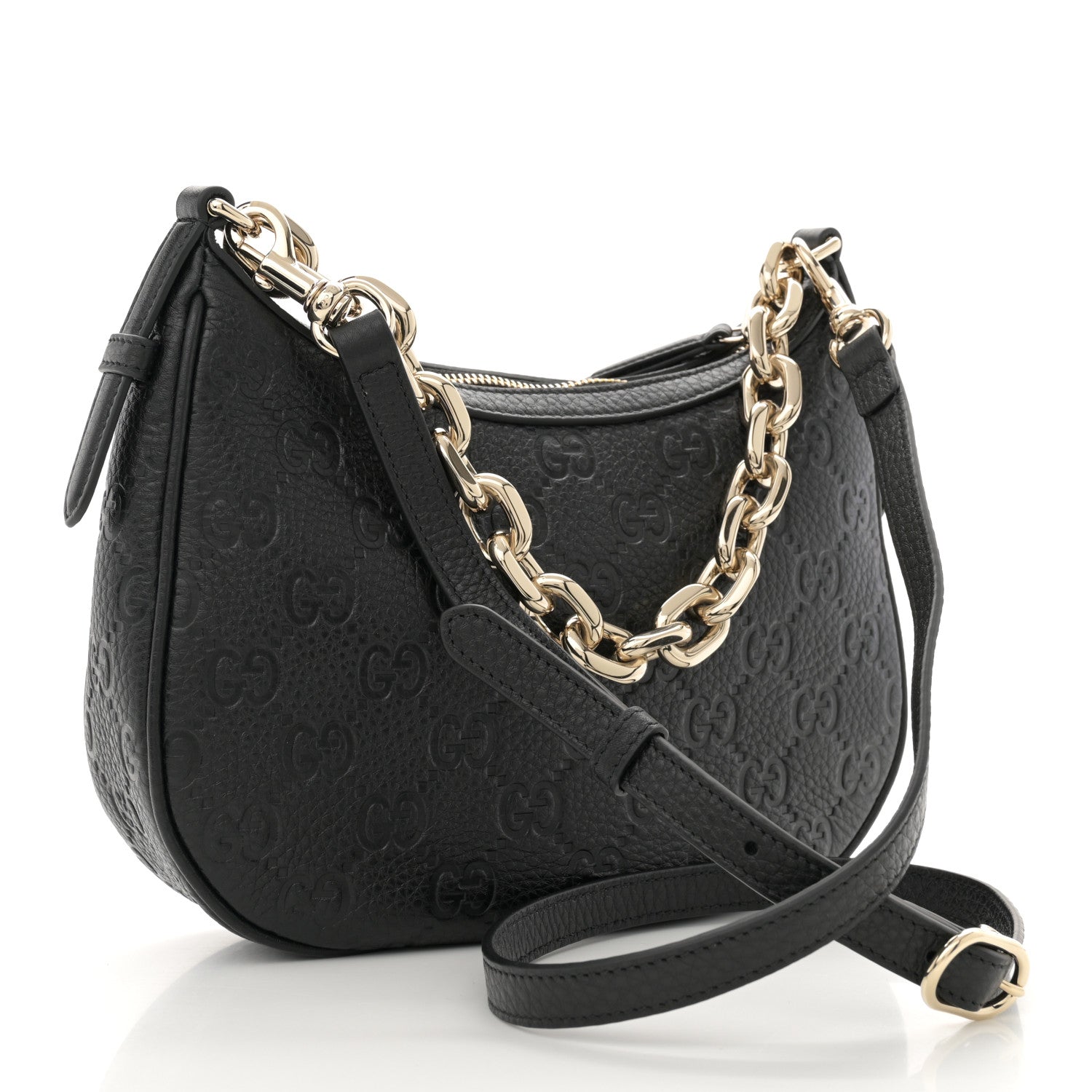 Gucci GG Grainy Calfskin Emblem Small Half Moon Shoulder Bag Black 3 of 12