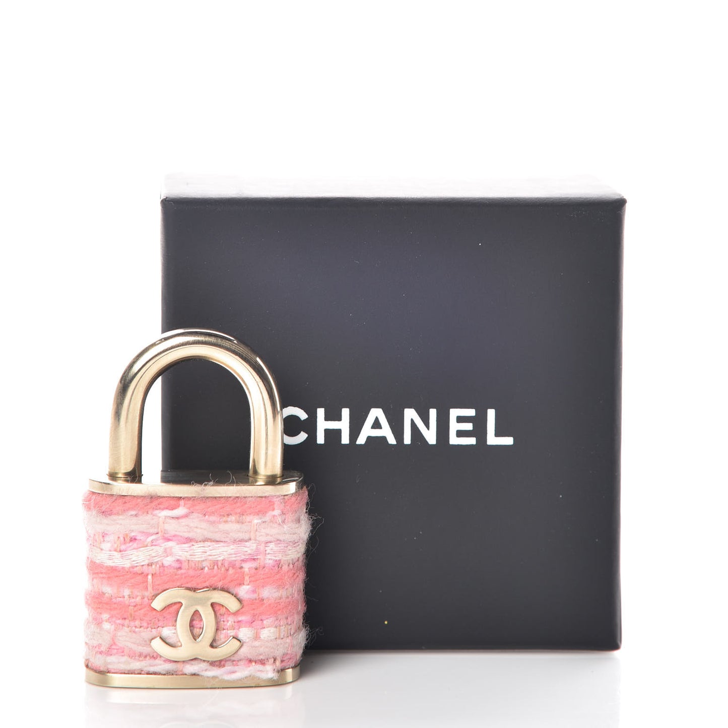 Tweed CC Oversized Padlock Pin Brooch Pink Gold