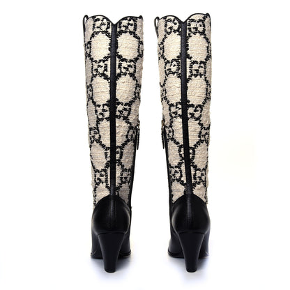 Gucci Tweed GG Monogram Wrinkled Kid Zumi Knee Boots 37 Natural Black 5 of 6