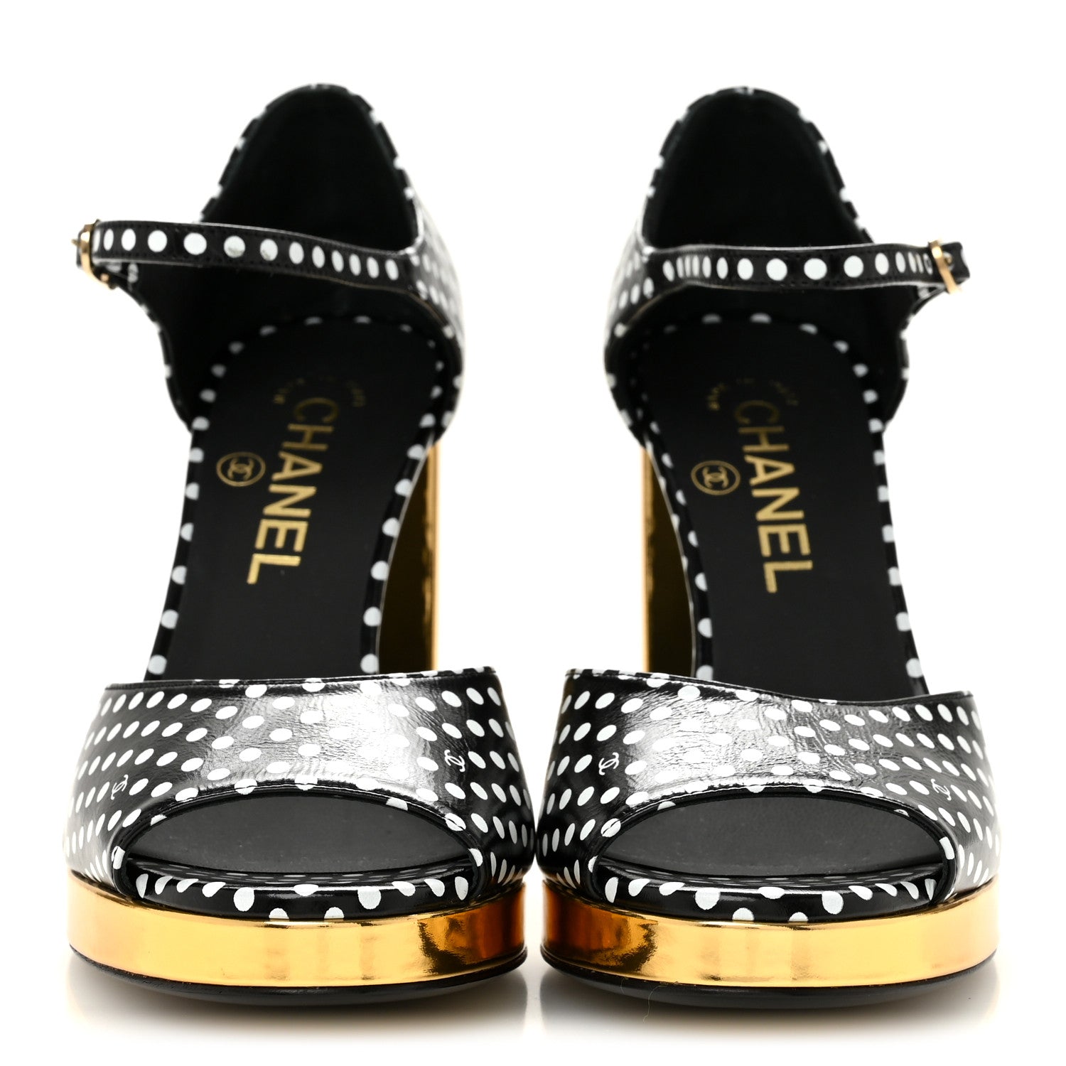 Chanel Printed Calfskin Polka Dot CC Platform Sandals 37 Black White 3 of 9