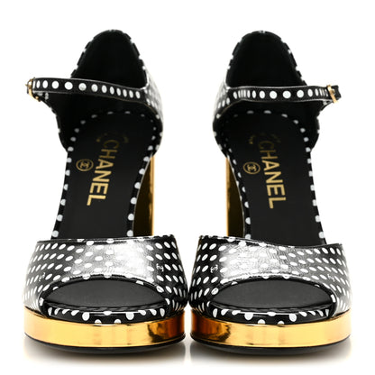 Chanel Printed Calfskin Polka Dot CC Platform Sandals 37 Black White 3 of 9