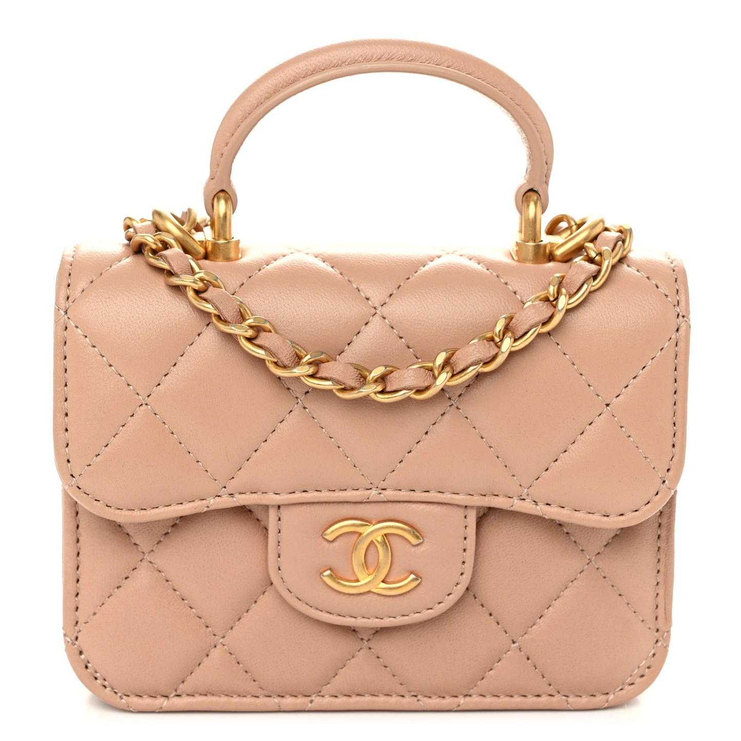 Lambskin Quilted Top Handle Flap Coin Purse With Chain Beige
