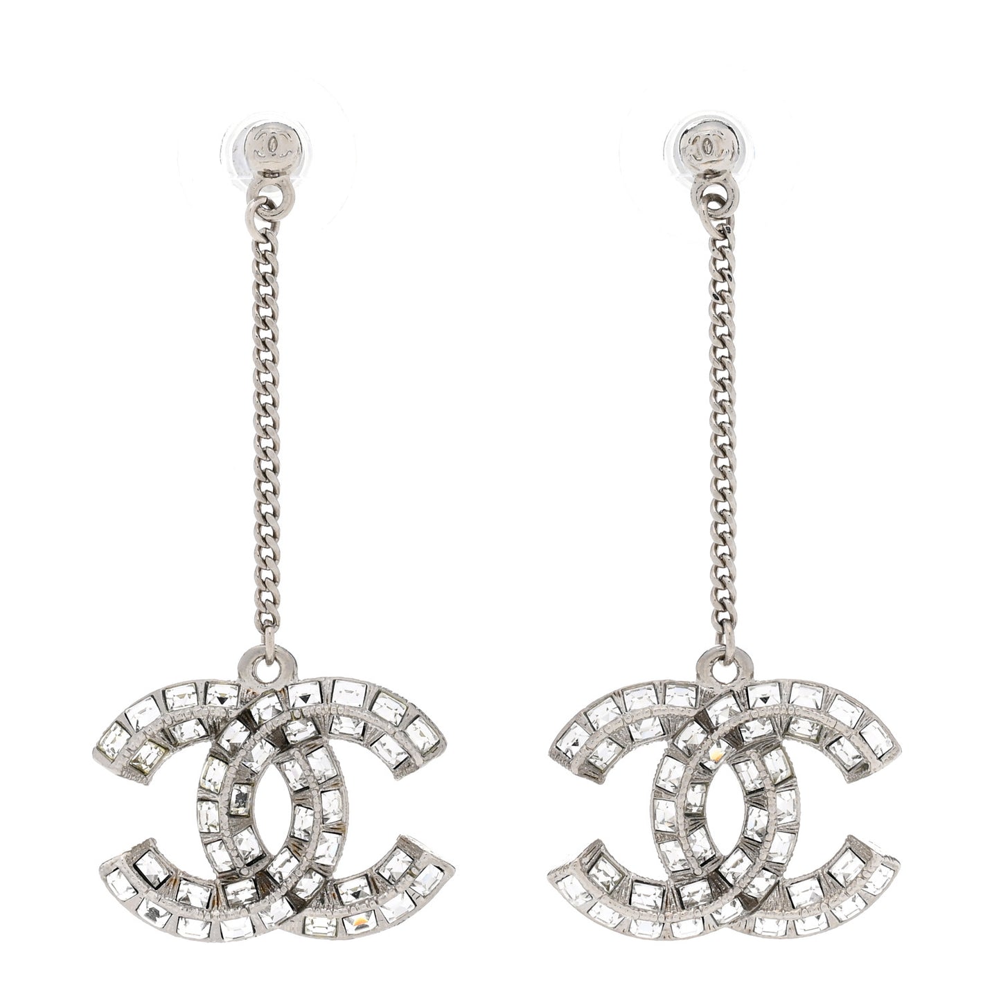 Baguette Crystal CC Drop Earrings Silver