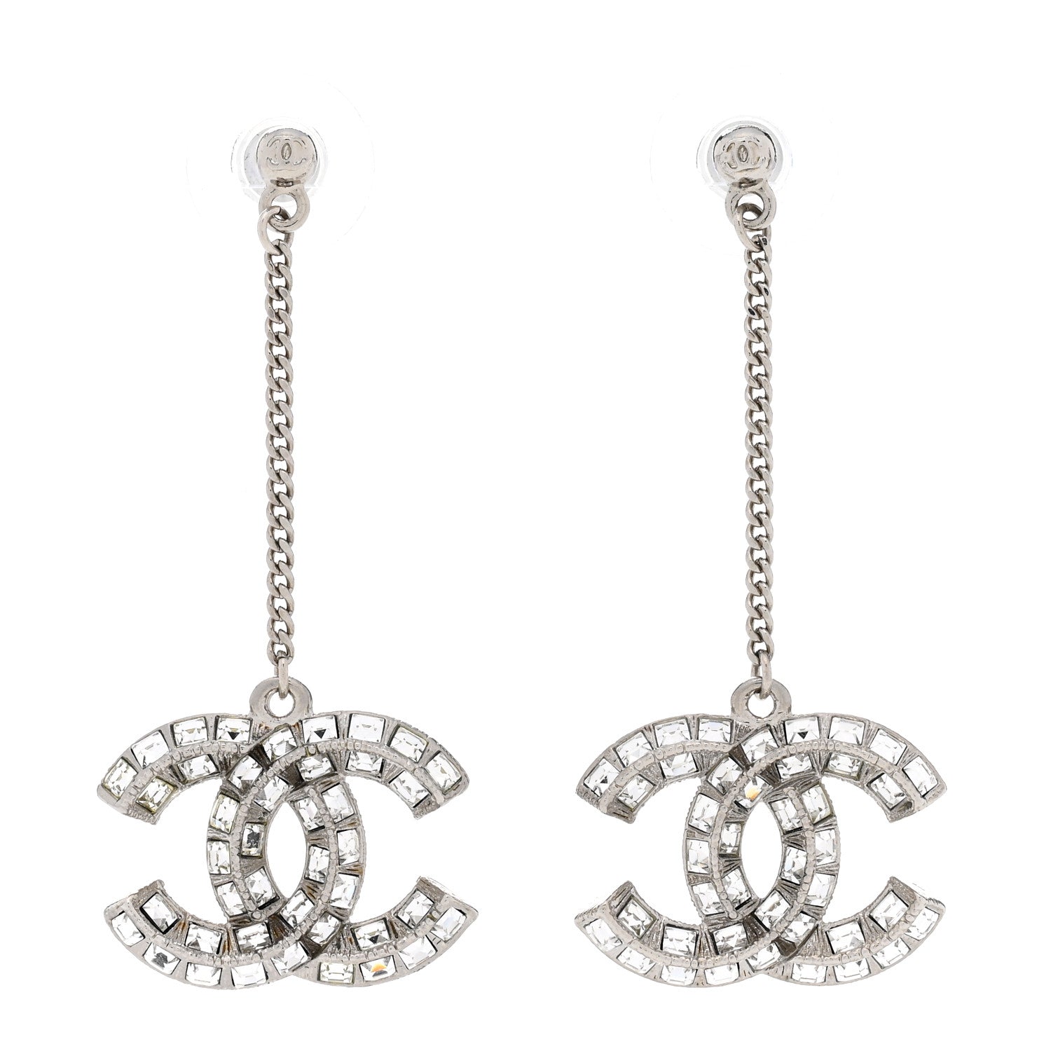 Chanel Baguette Crystal CC Drop Earrings Silver 1 of 4