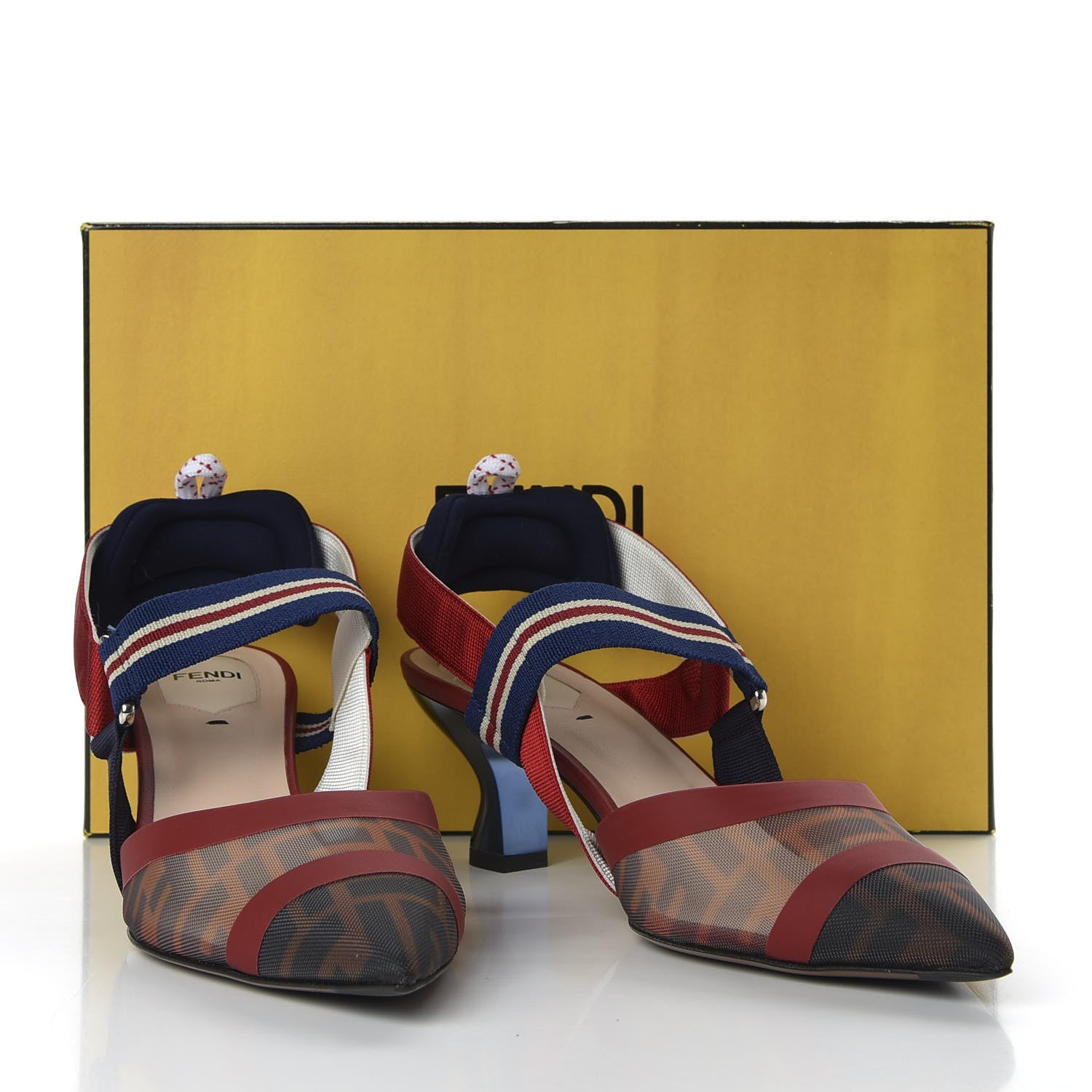Fendi Technical Mesh FF Colibri 55mm Slingback Pumps 40 Tobacco Moro Zaffiro Ciliegia Rosso 9 of 9