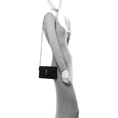 Saint Laurent Grain De Poudre Matelasse Chevron Monogram Envelope Chain Wallet Black 2 of 12