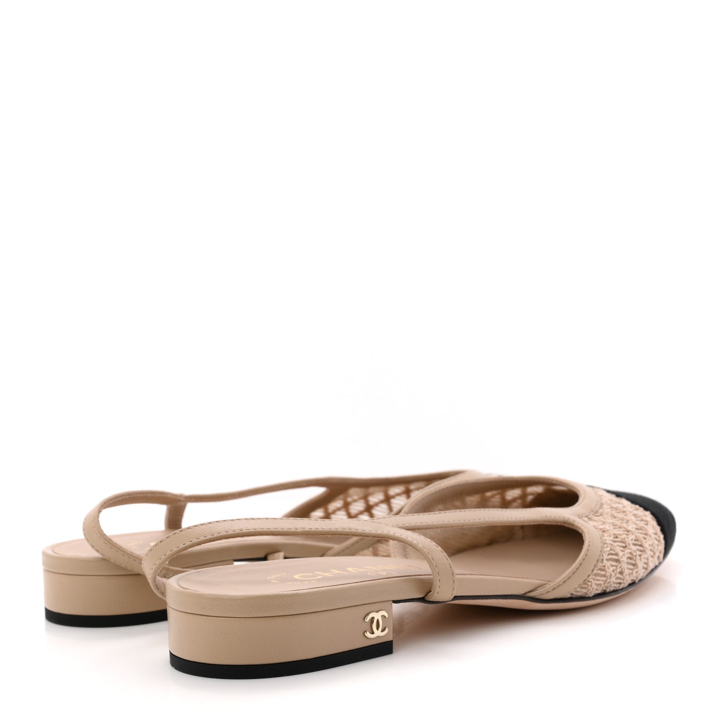 Embroidery Grosgrain Cap Toe CC Slingback Flats 38.5 Beige Black