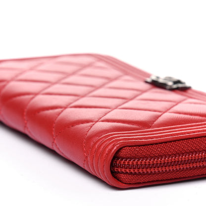 Chanel Lambskin Quilted Boy Zip Around Wallet Red 14 of 16