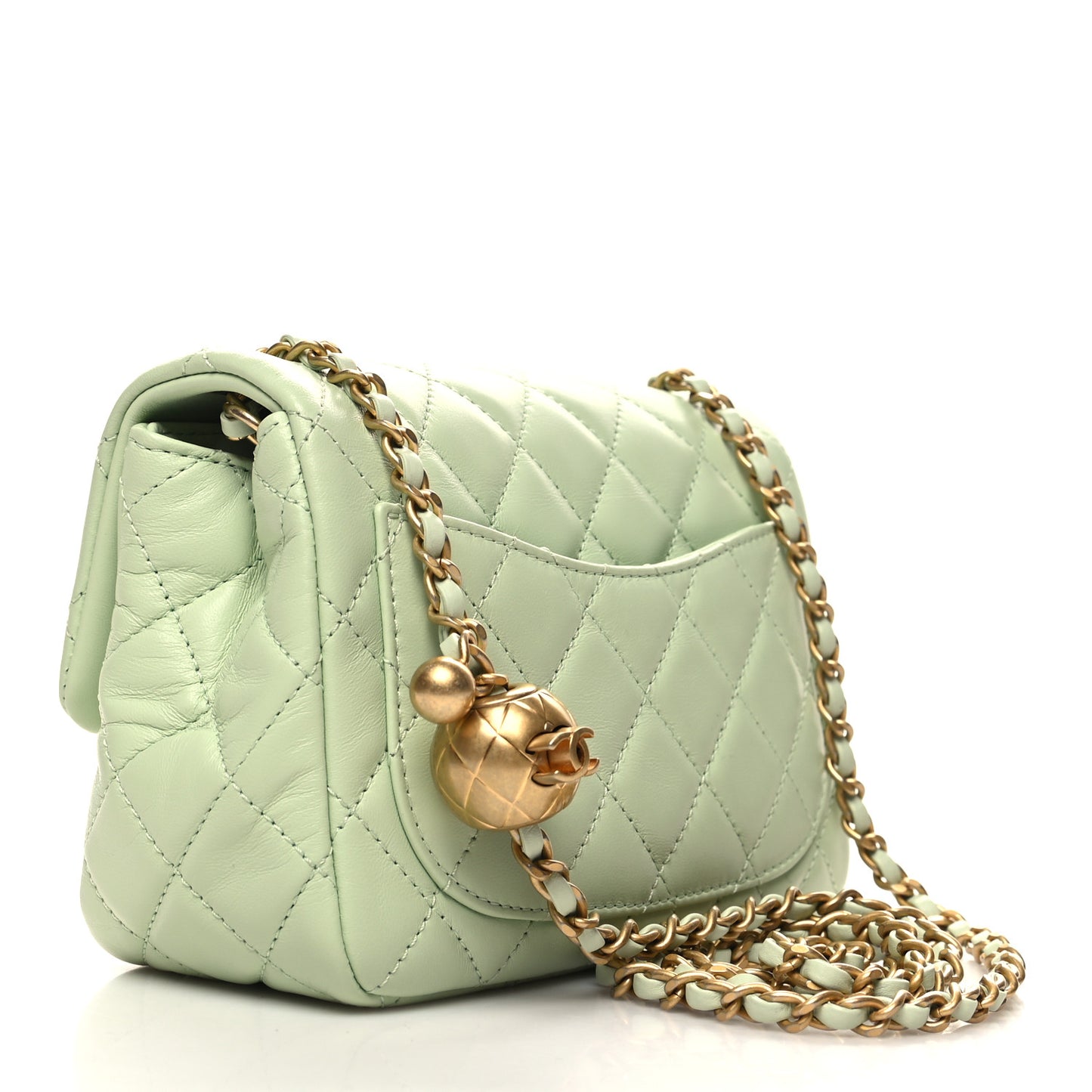 Lambskin Quilted Mini Pearl Crush Flap Light Green