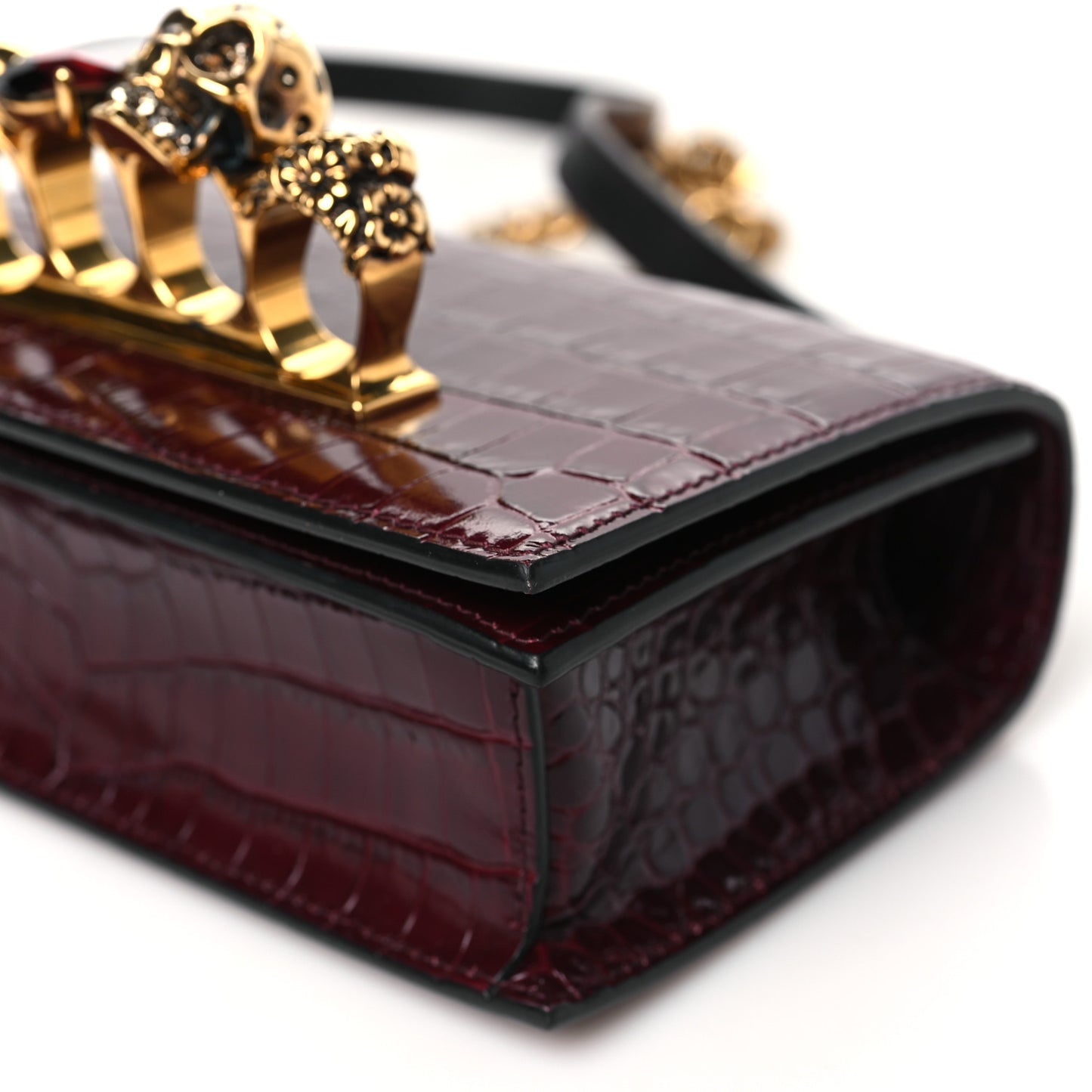 Shiny Crocodile Embossed Jeweled Satchel Madder