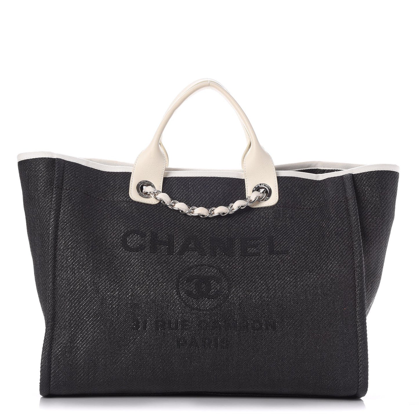 Woven Straw Raffia Large Deauville Tote Black White