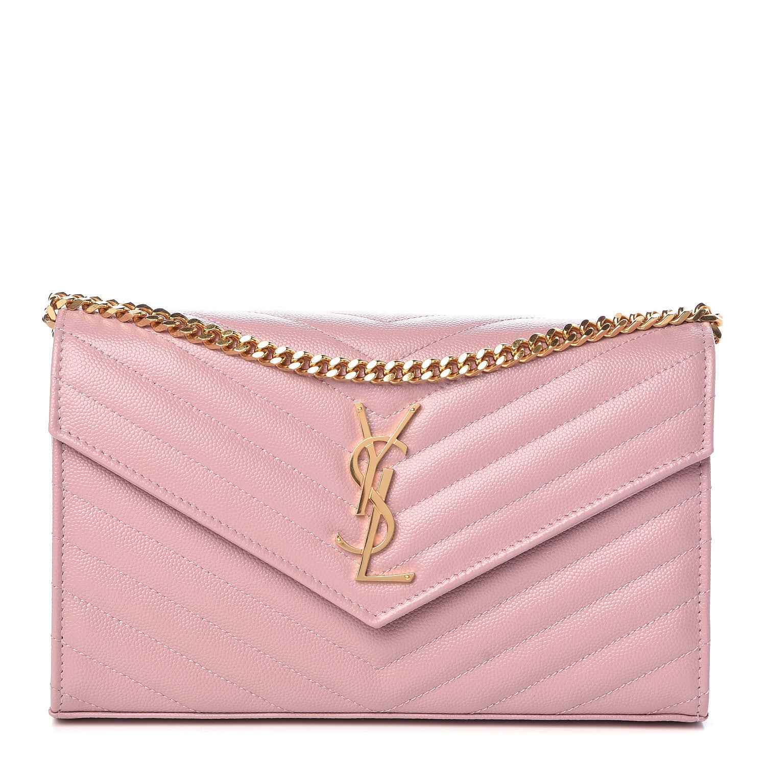 Saint Laurent Grain De Poudre Matelasse Chevron Monogram Chain Wallet Tender Pink 1 of 10
