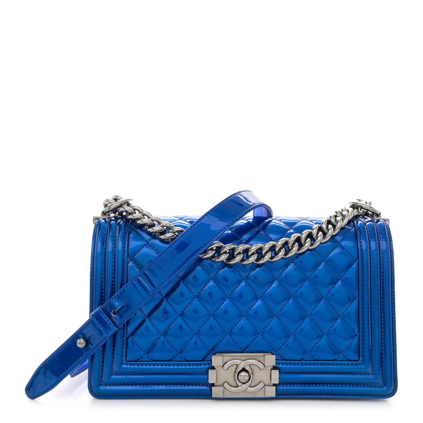 Metallic Patent Quilted Medium Boy Flap Blue