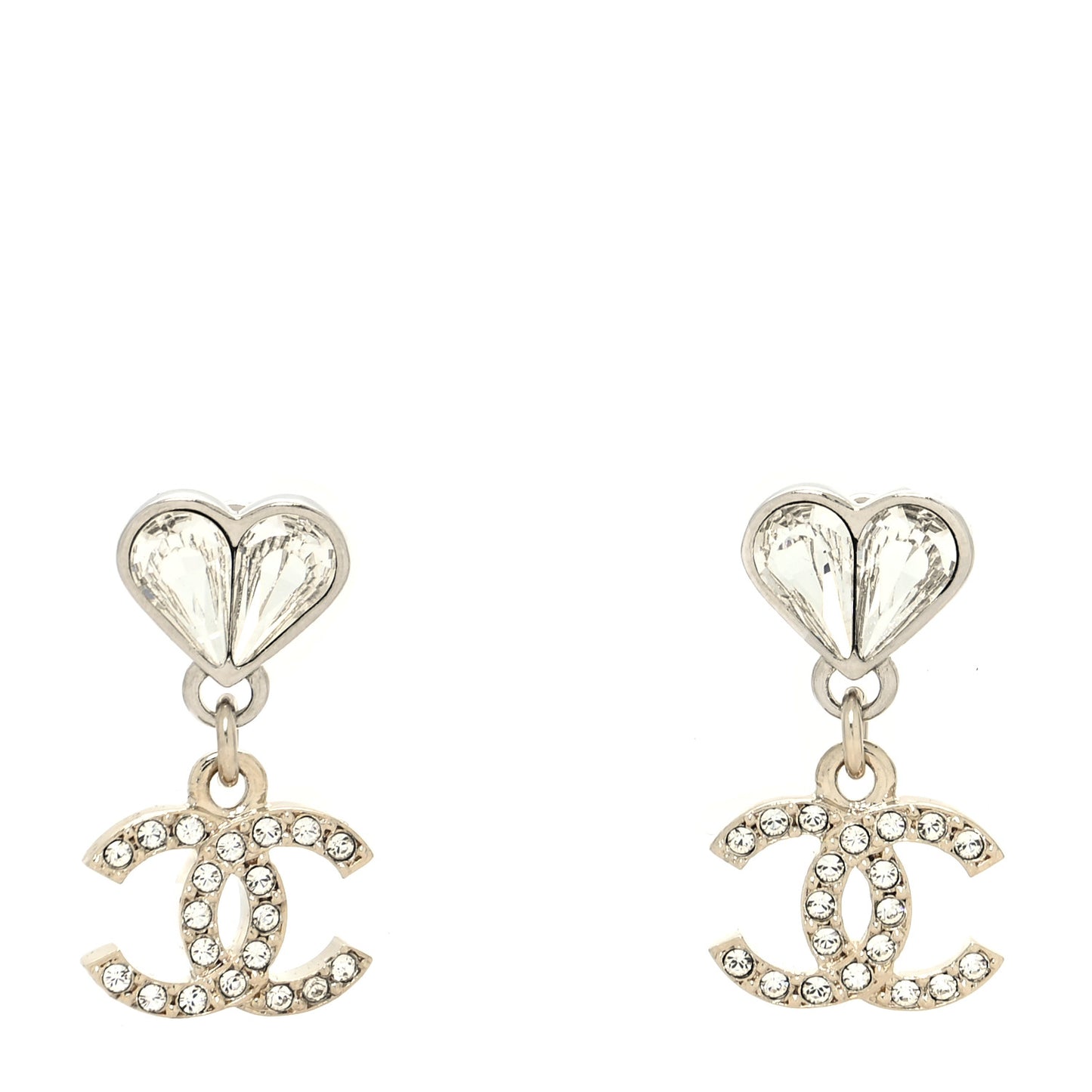 Crystal CC Heart Drop Earrings Gold Silver