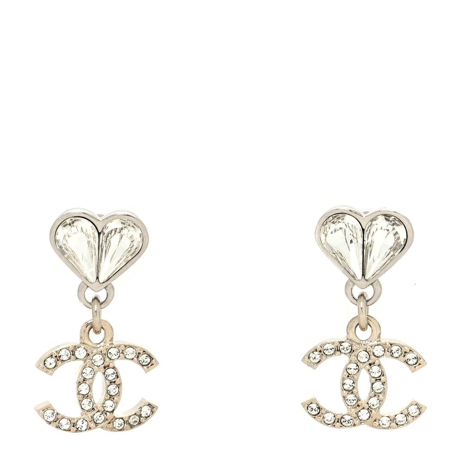 Chanel Crystal CC Heart Drop Earrings Gold Silver 1 of 4