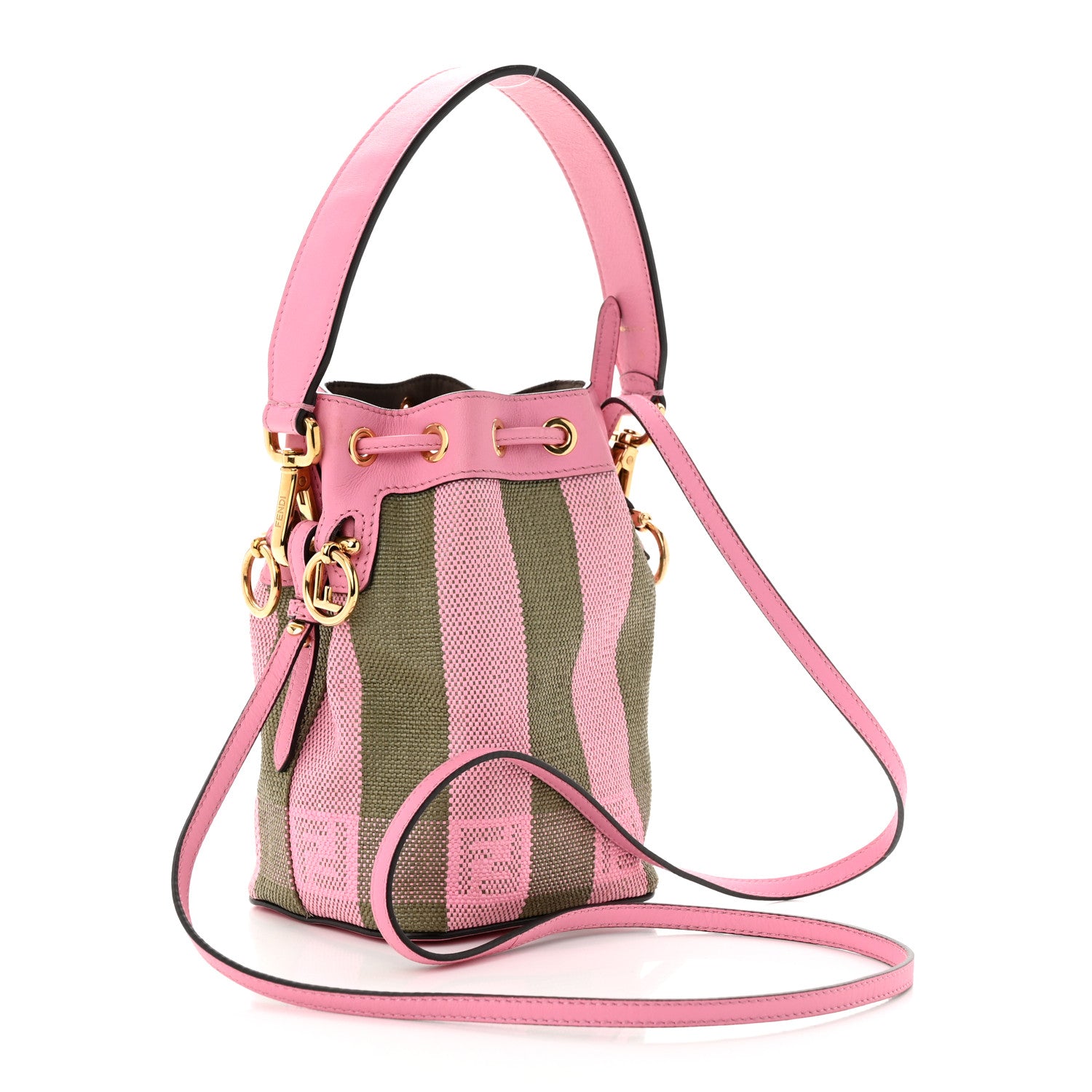 Fendi Raffia Vitello Seta F is Fendi Pequin Gingham Woven Mini Mon Tresor Bucket Bag Military Rosa Lollypop 3 of 12