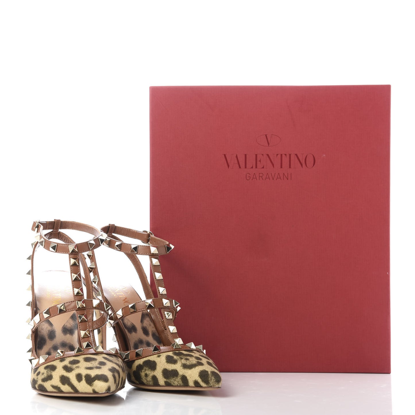 Canvas Leopard Print Rockstud Ankle Strap Pumps 38.5 Tan