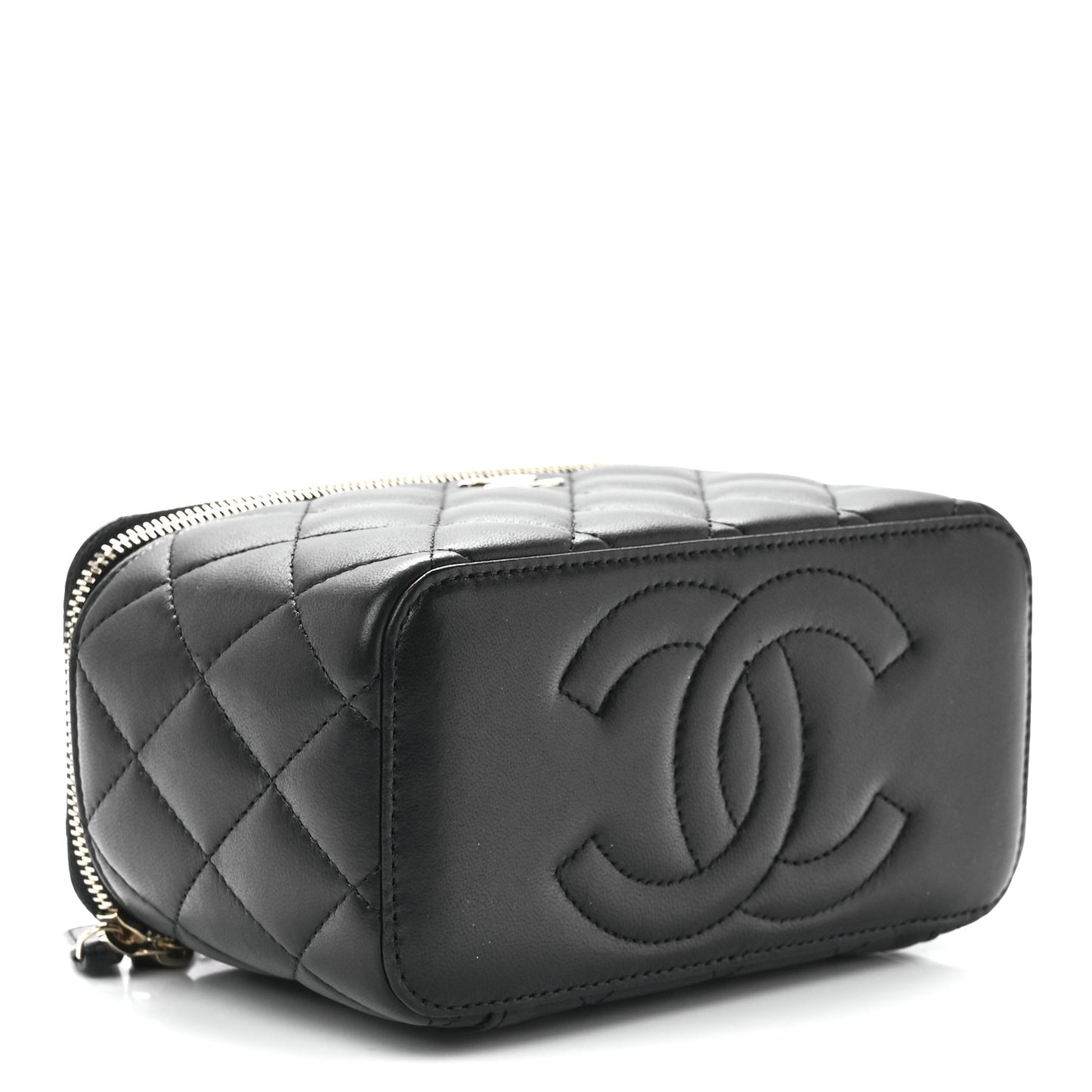 Lambskin Quilted Small Top Handle Vanity Case With Chain Black