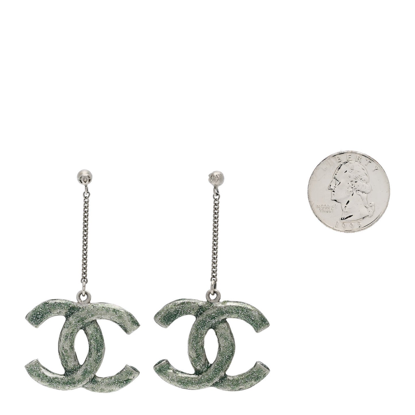 Glitter Enamel CC Drop Earrings Silver Green