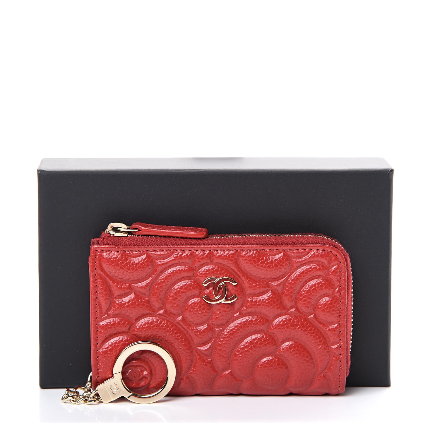 Caviar Camellia Embossed Key Holder Case Red