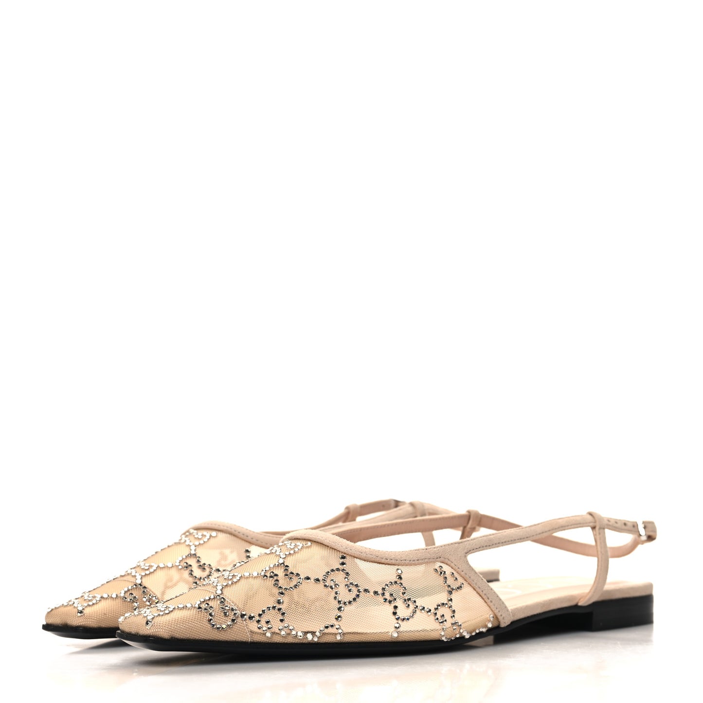 Suede Mesh Crystal GG Monogram Slingback Ballet Flats 39.5 Light Powder Skin Rose