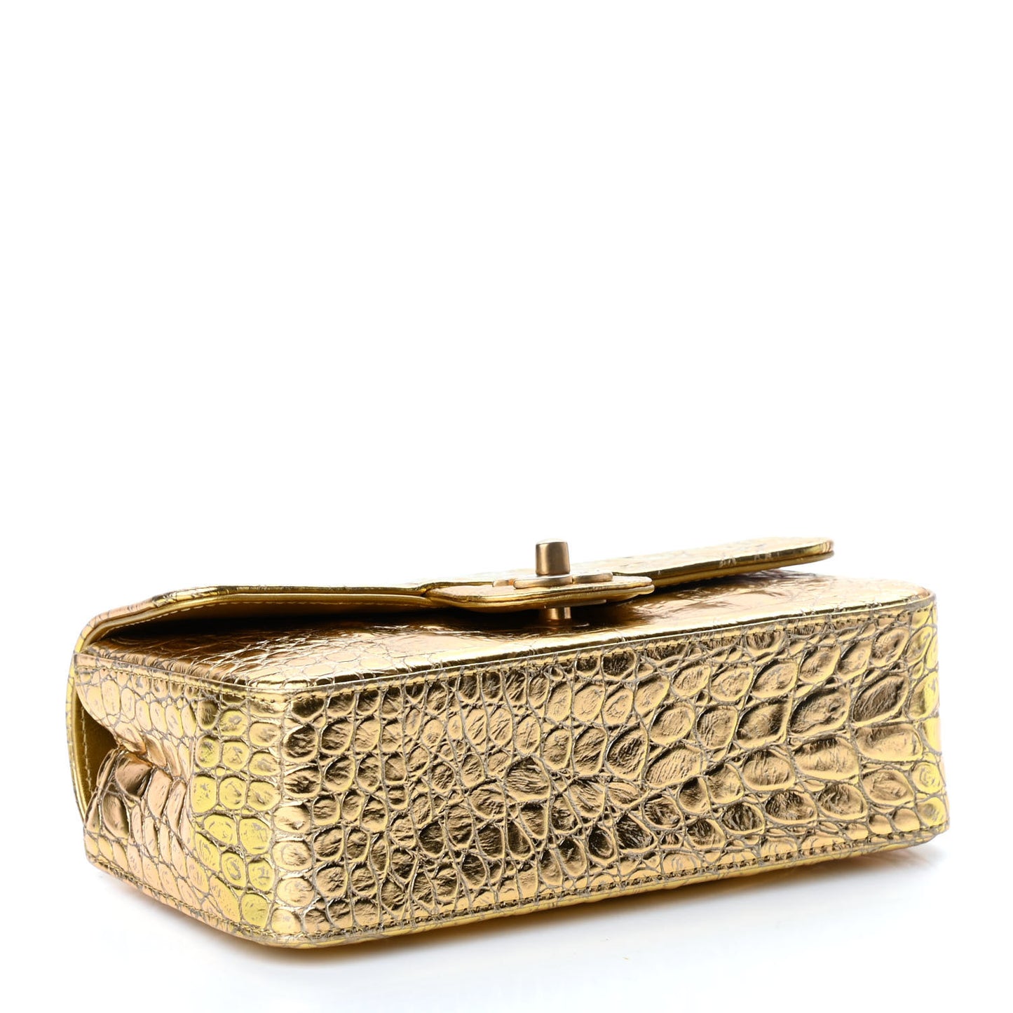 Metallic Calfskin Crocodile Embossed Cocodile Rectangular Mini Flap Gold