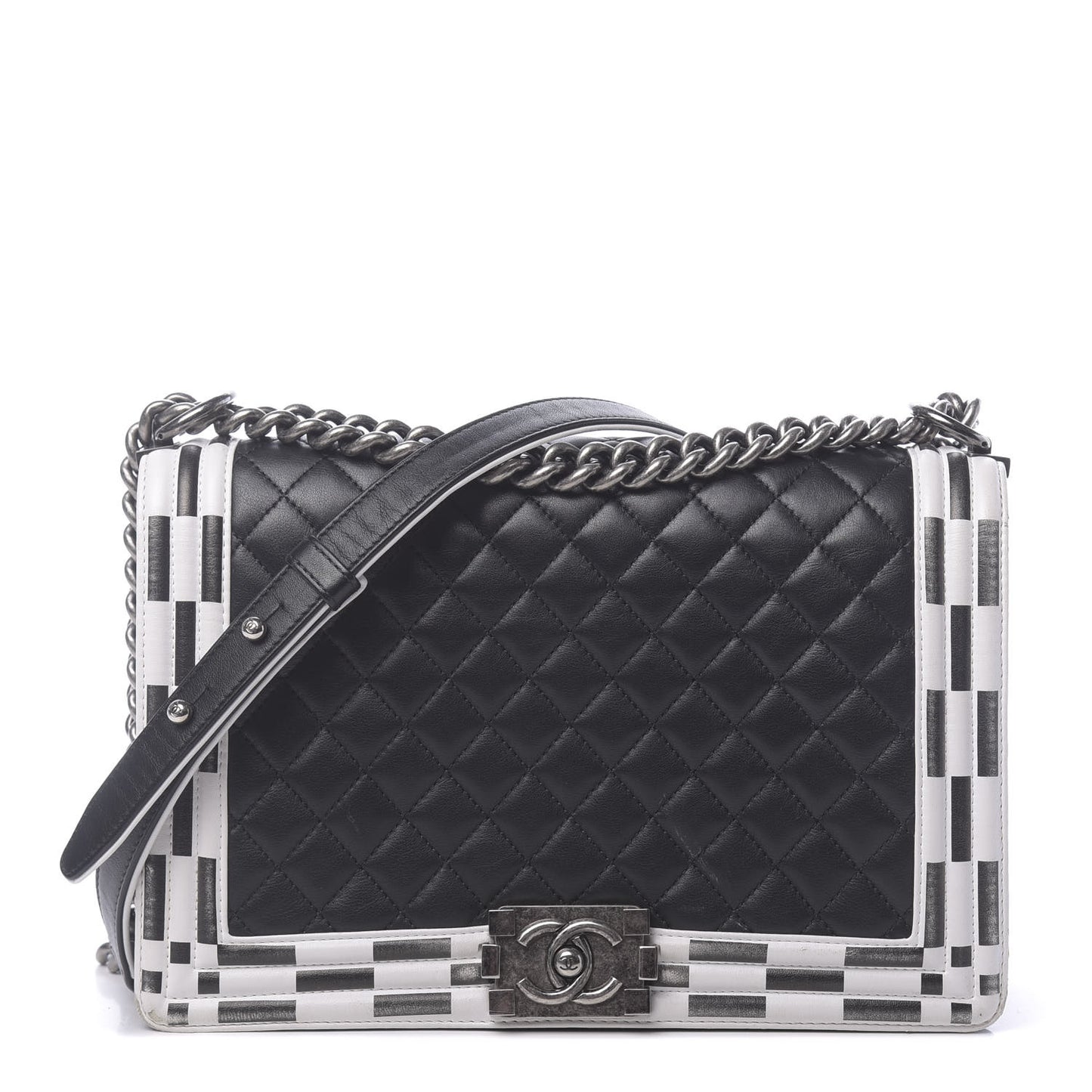 Calfskin Quilted Checkerboard Trim New Medium Boy Flap Black White