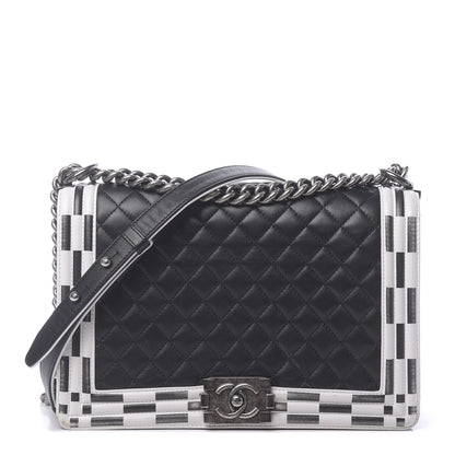 Chanel Calfskin Quilted Checkerboard Trim New Medium Boy Flap Black White 1 of 12