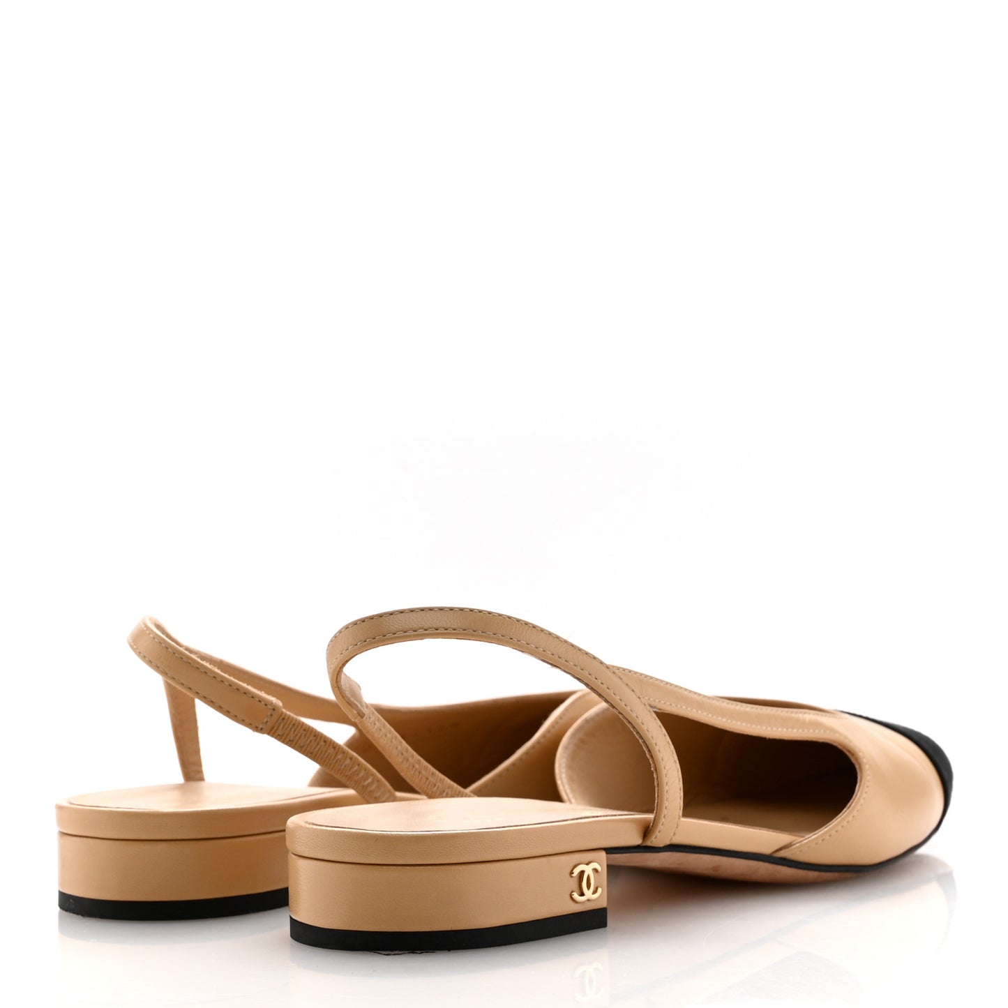 Goatskin Grosgrain Cap Toe CC Slingback Sandals 37.5 Beige Black