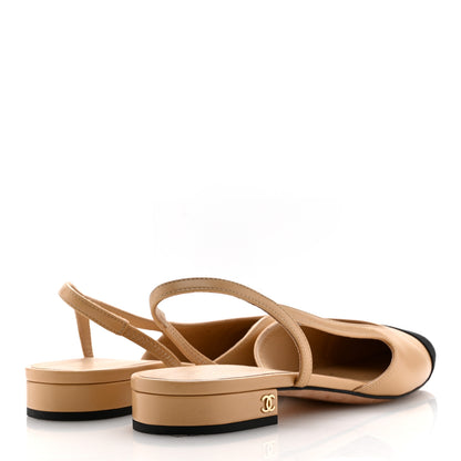 Chanel Goatskin Grosgrain Cap Toe CC Slingback Sandals 37.5 Beige Black 5 of 11