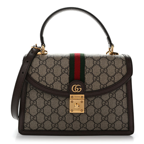 GG Supreme Monogram Textured Dollar Calfskin Web Small Ophidia Padlock Top Handle Bag Beige Ebony New Acero