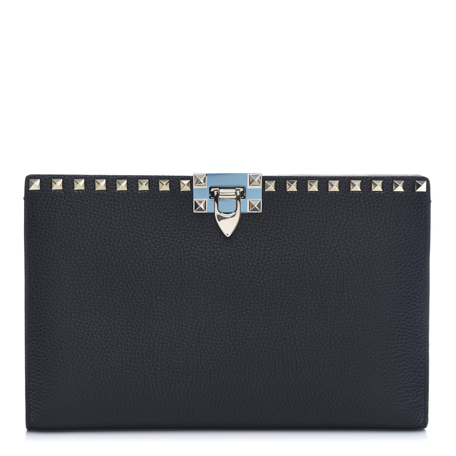 Valentino Garavani Pebbled Calfskin Rockstud Flip Lock Clutch Wallet Black 1 of 10