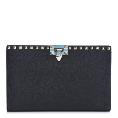 Valentino Garavani Pebbled Calfskin Rockstud Flip Lock Clutch Wallet Black 1 of 10