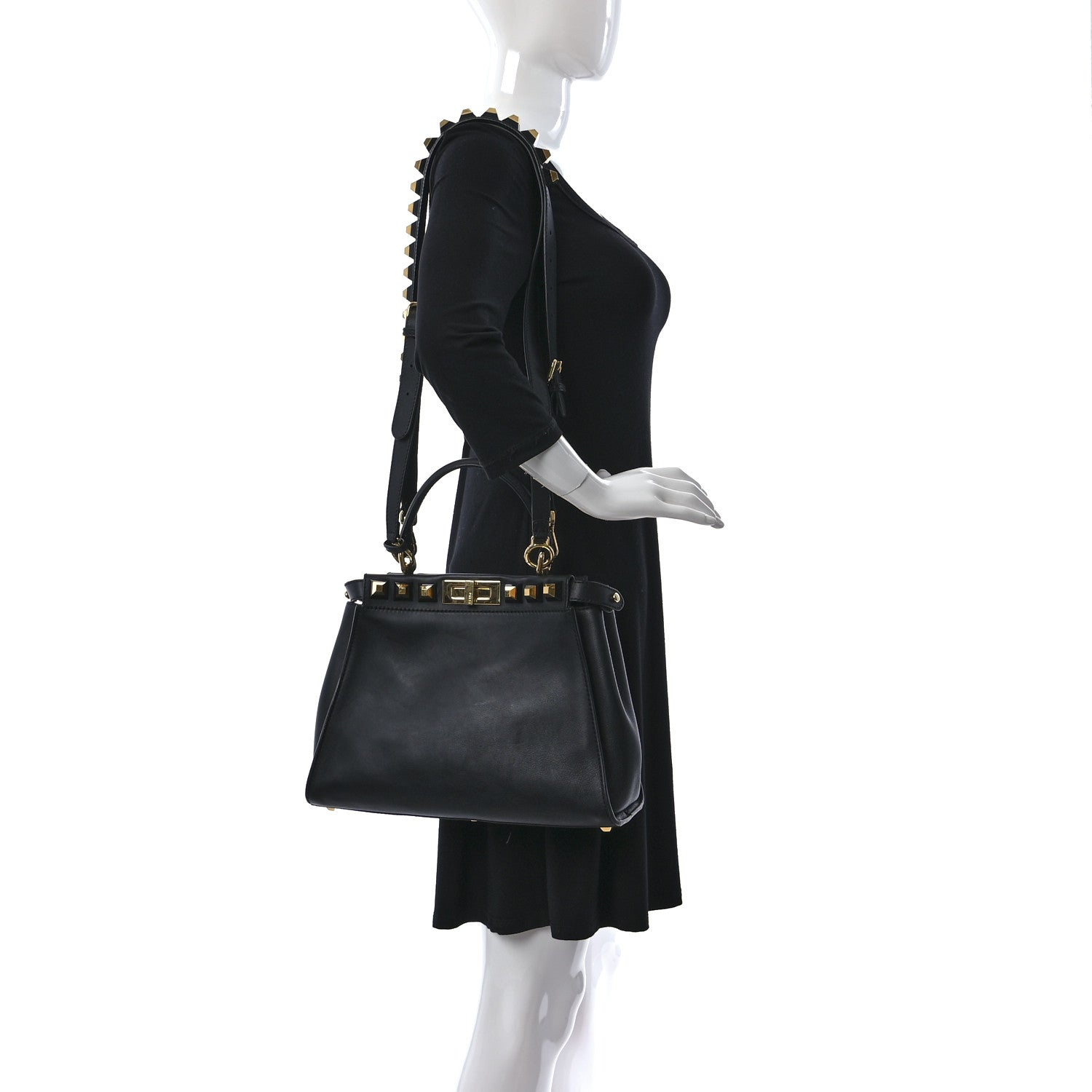 Fendi Vitello Seta Gold Studded Medium Peekaboo Iconic Satchel Black 2 of 17