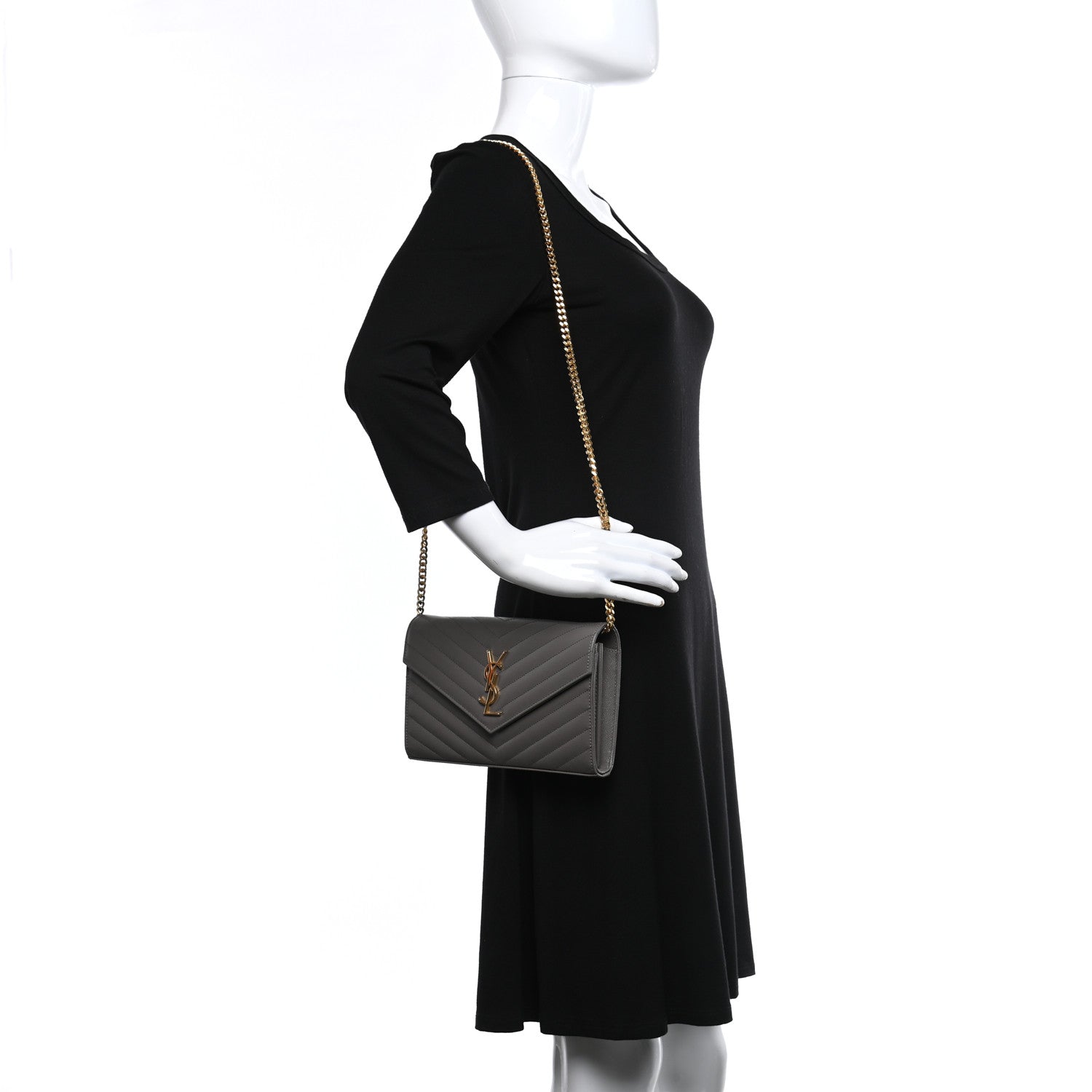 Saint Laurent Grain De Poudre Matelasse Chevron Monogram Chain Wallet Fog 2 of 10