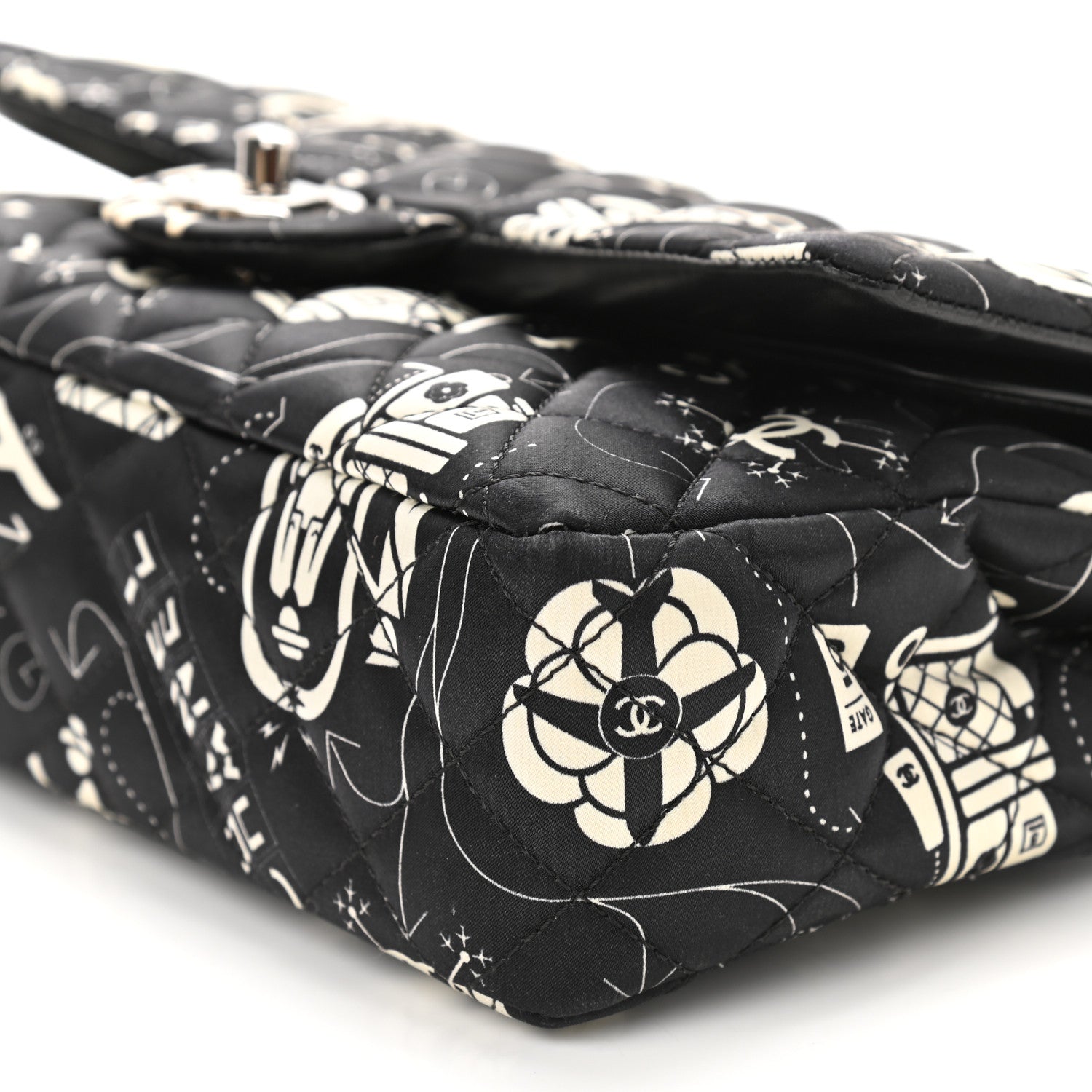 Chanel Satin Airline Printed Medium Double Flap Black White 6 of 10