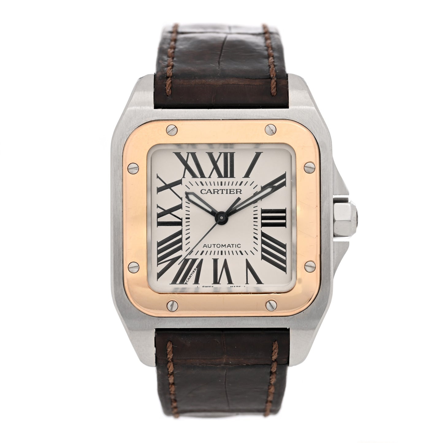 Stainless Steel 18K Yellow Gold Alligator 33mm Santos 100 Automatic Watch Brown