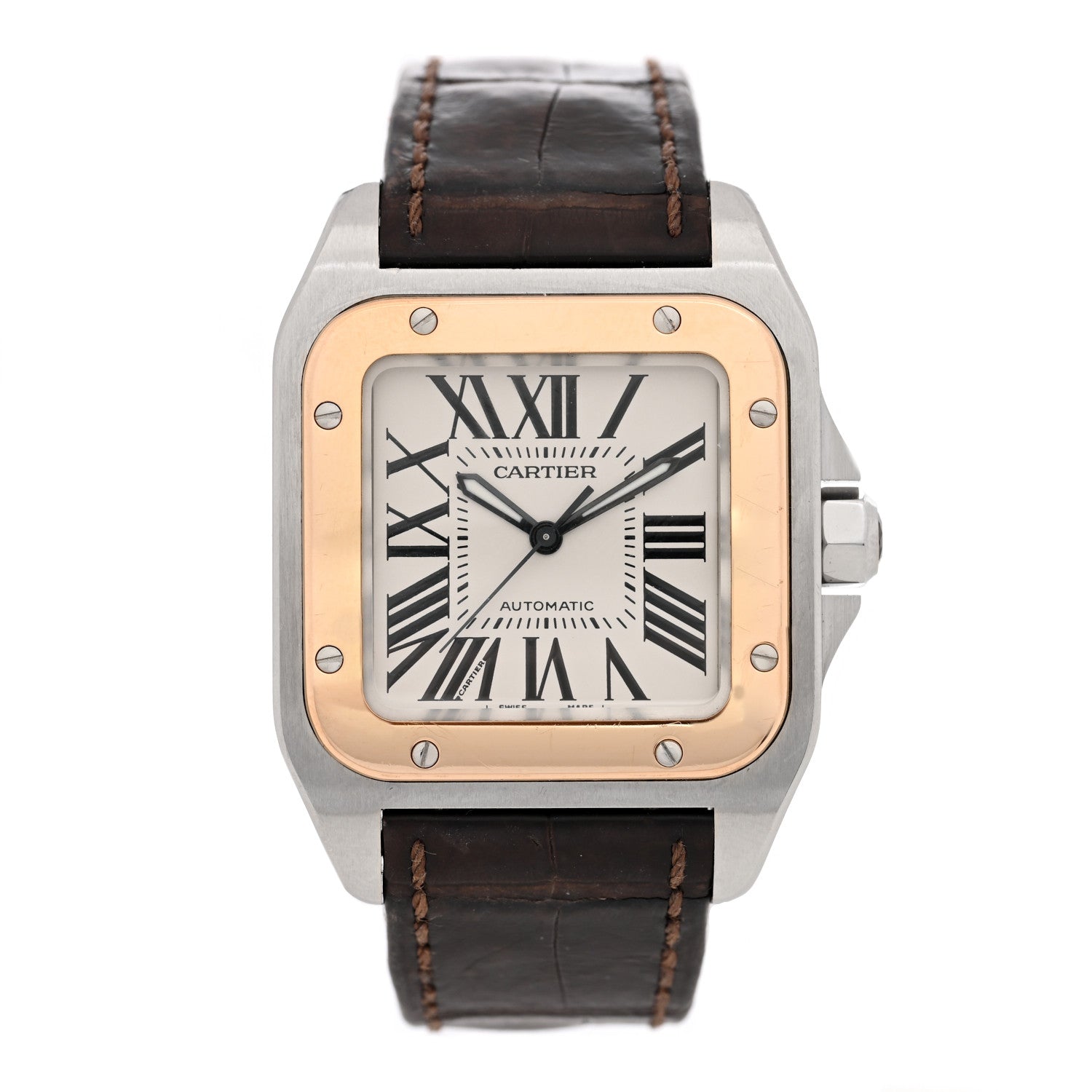 Cartier Stainless Steel 18K Yellow Gold Alligator 33mm Santos 100 Automatic Watch Brown 1 of 6