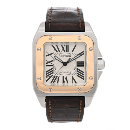 Cartier Stainless Steel 18K Yellow Gold Alligator 33mm Santos 100 Automatic Watch Brown 1 of 6