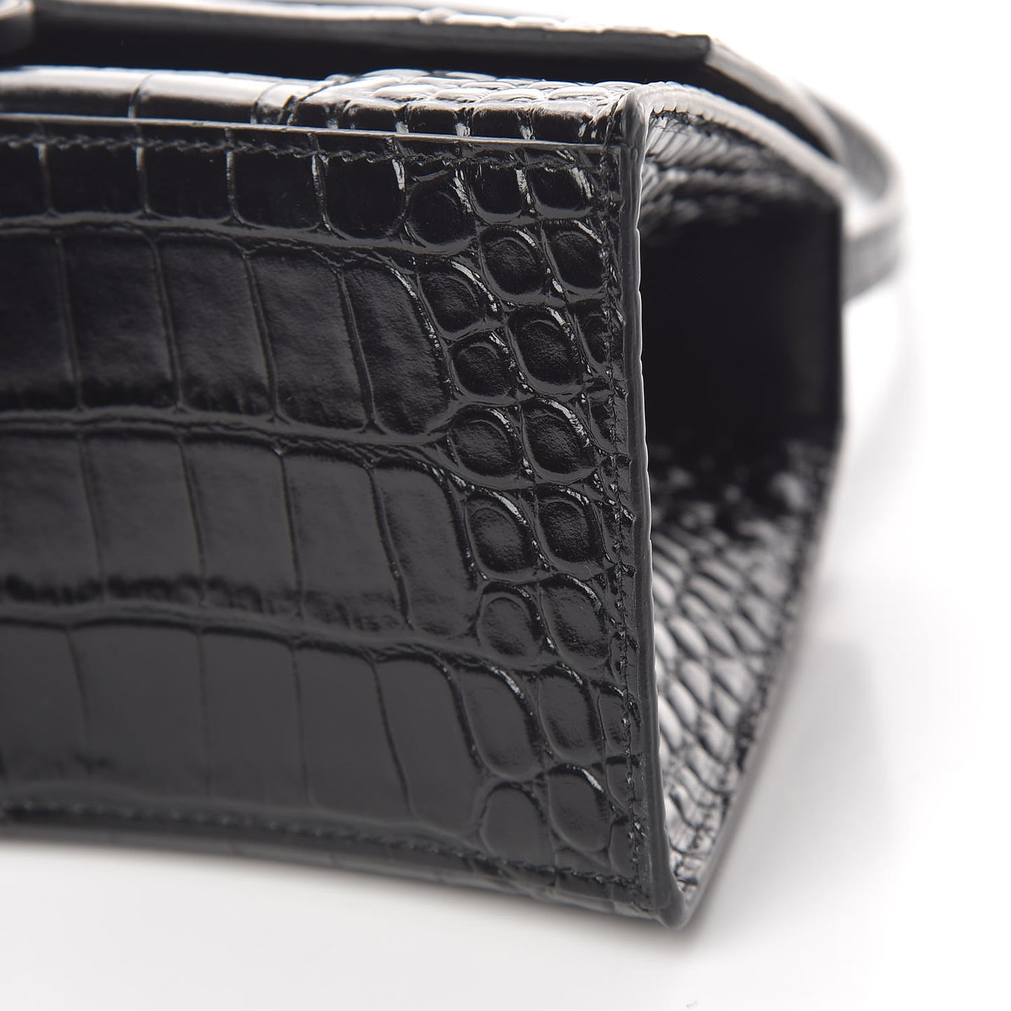 Shiny Calfskin Monochrome Crocodile Embossed Small Hourglass Top Handle Bag Black