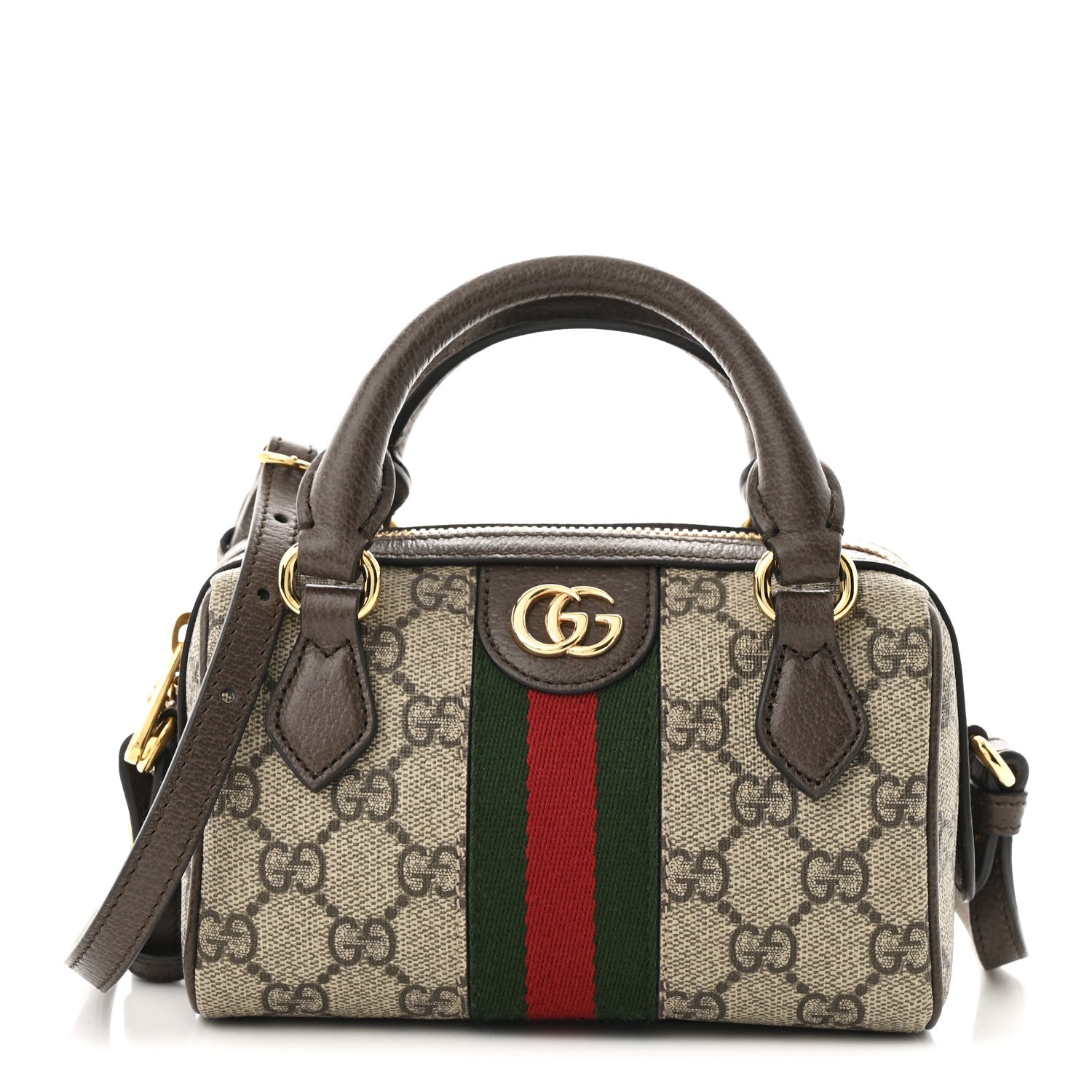 Gucci GG Supreme Monogram Textured Dollar Calfskin Web Super Mini Ophidia Top Handle Bowler Bag Beige Ebony New Acero 1 of 9