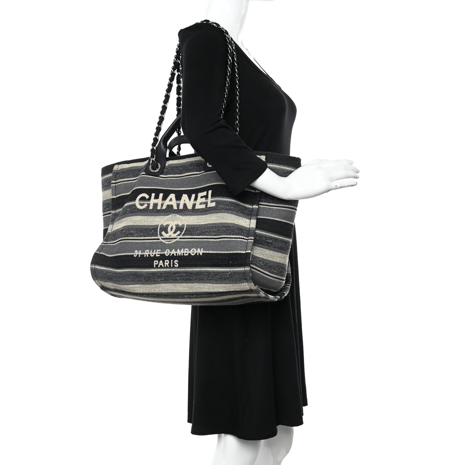 Chanel Striped Canvas Medium Deauville Tote Black 2 of 13