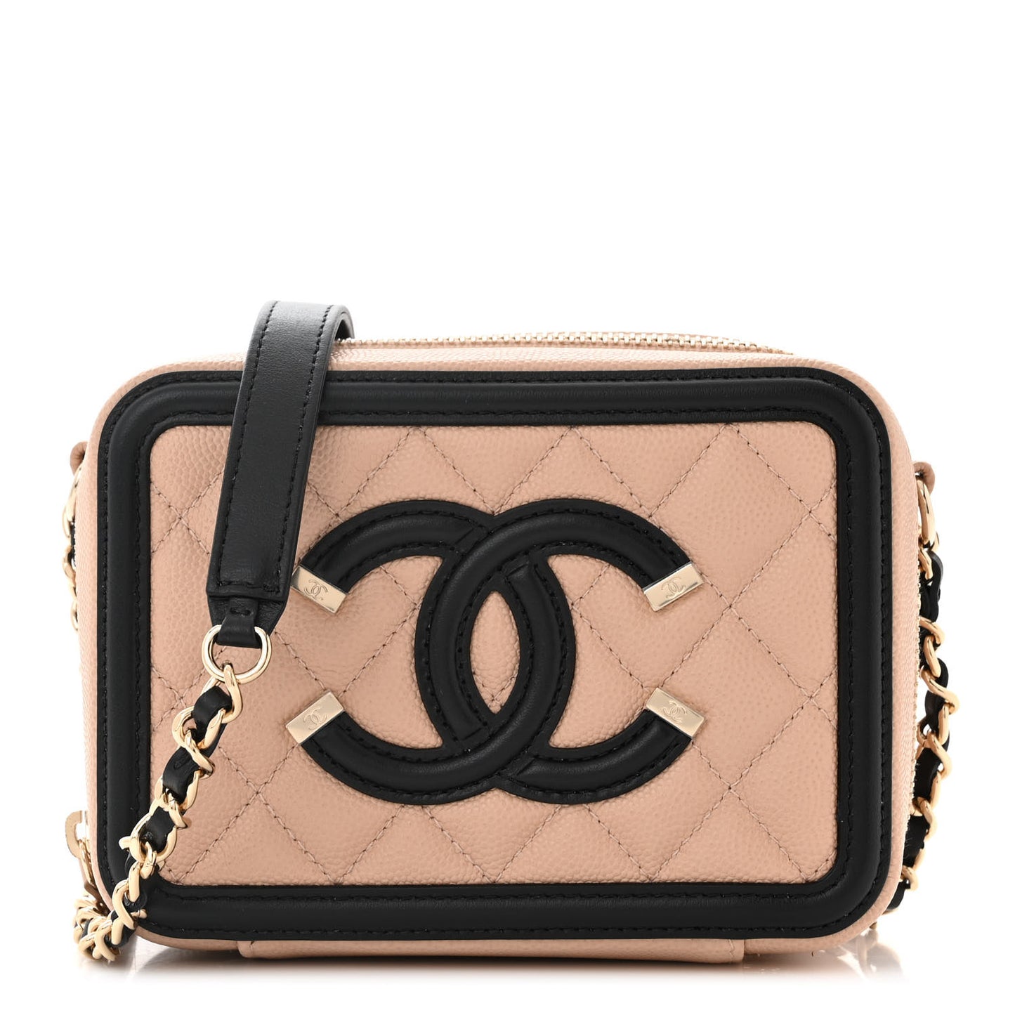 Caviar Quilted CC Filigree Vanity Clutch With Chain Beige Black