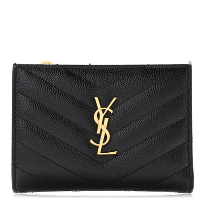 Saint Laurent Grain De Poudre Matelasse Chevron Monogram Zipped Two-Part Wallet Black 1 of 8