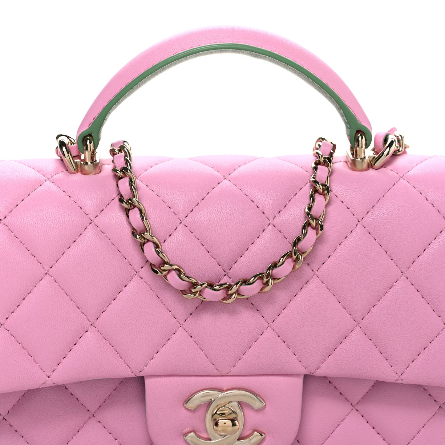 Lambskin Quilted Mini Top Handle Rectangular Flap Pink Green